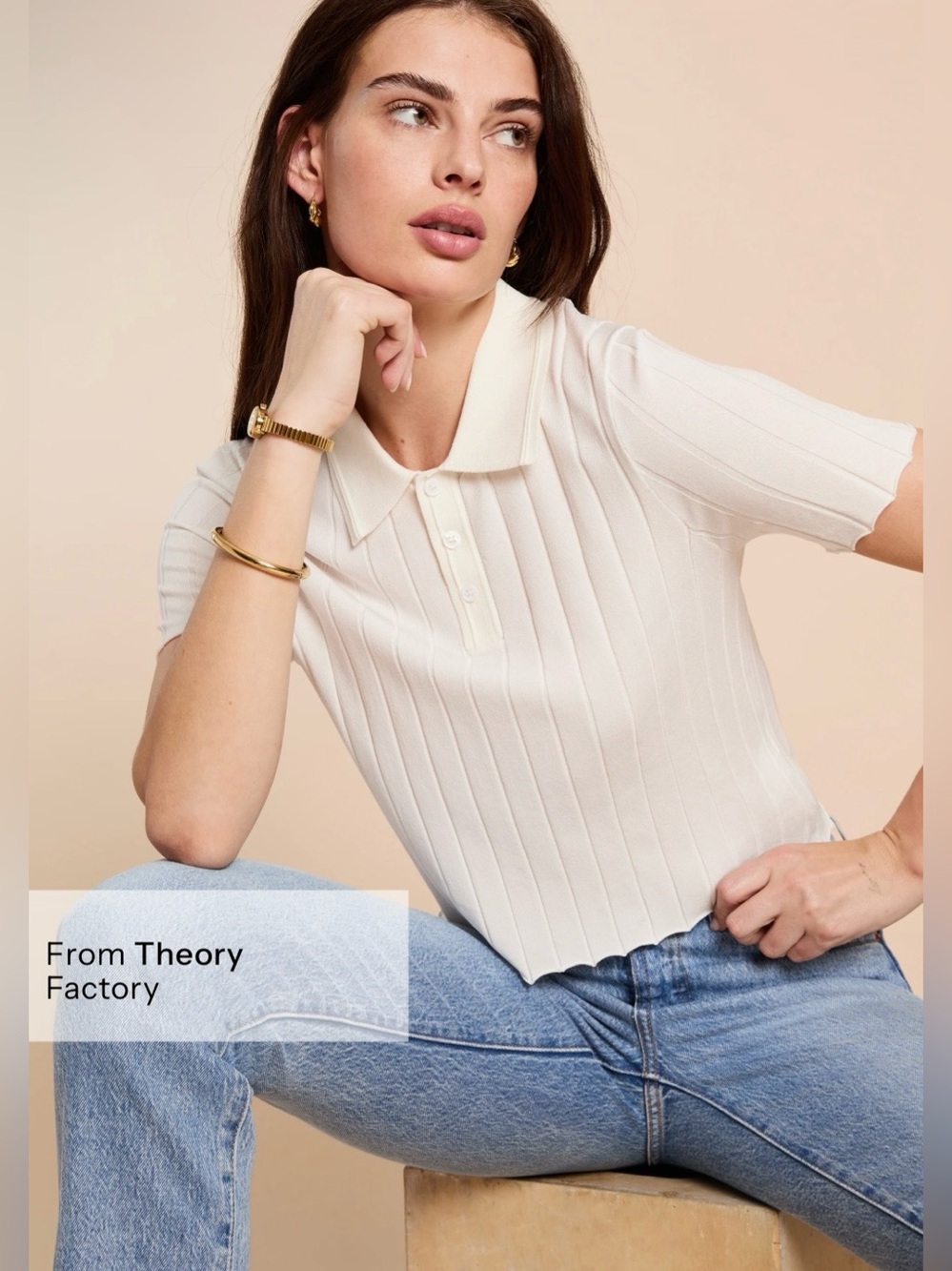 CAARA Briony Polo Shirt L White NWT Theory Factory Ribbed Knit